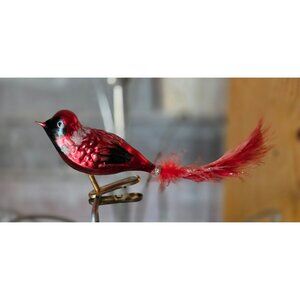 Vintage Detailed Red Bird Glass Clip-On Christmas Ornament w Feather Tail Rare